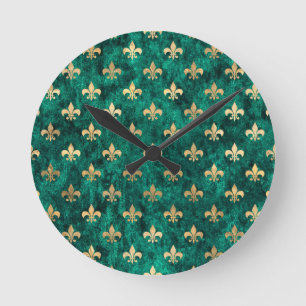 Horloge Ronde Grunge Green Velvet Fleur De Lis Mardi Gras