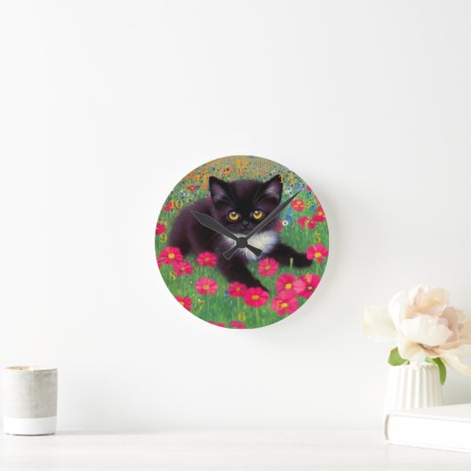 Horloge Ronde Gustav Klimt Tuxedo Chat avec des numéros d'horlog (Maison)