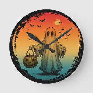 Horloge Ronde Halloween vintage fantôme citrouille chauves-souri