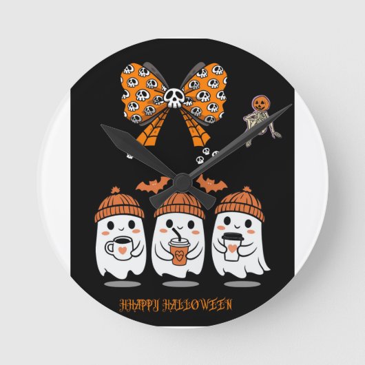 Horloge Ronde Happy Halloween – fantômes café mignons (Recto)