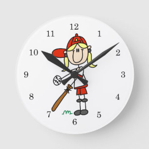 Horloge Ronde Haut À Bat Girl Stick Figure Cadeaux De Baseball