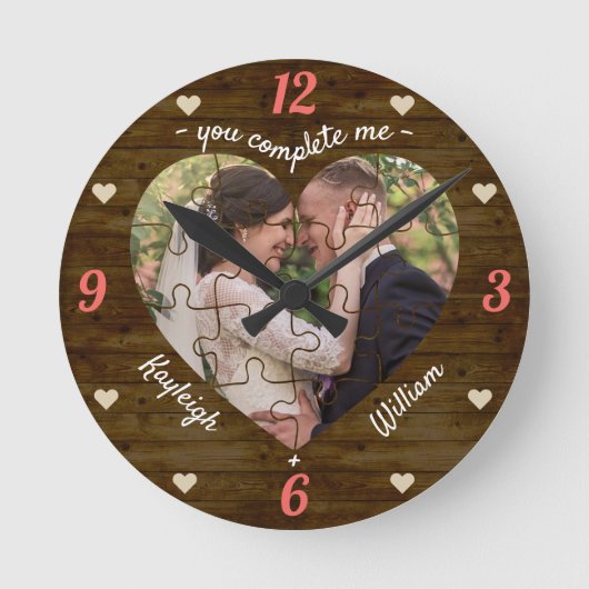 Horloge Ronde Heart Puzzle Mariage Photo Rustique Vous Me Complé (Recto)
