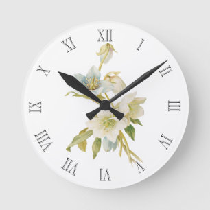 Horloge Ronde Hellebores bleus et blancs