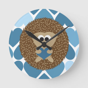Horloge Ronde Hérisson et Coeurs Bleus