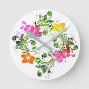 Horloge Ronde Hibiscus couronne de fleurs tropicales
