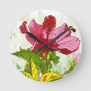 Horloge Ronde Hibiscus flower - watercolor paint