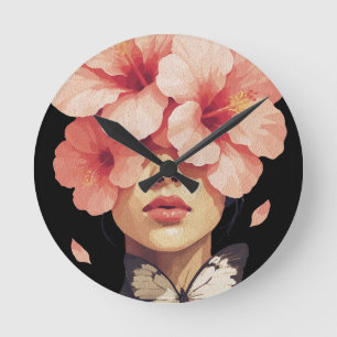 Horloge Ronde Hibiscus & Papillon - Floral moderne Botanique