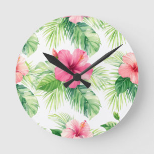 Horloge Ronde Hibiscus rose Palmier Tropical Aquarelle