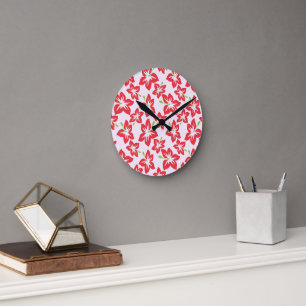 Horloge Ronde Hibiscus Rouge, Fleurs Rouges, Motif De Fleurs