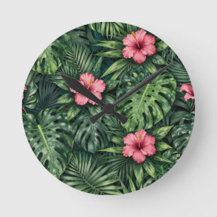 Horloge Ronde Hibiscus Tropical Monstera Motif Jungle