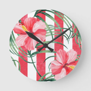Horloge Ronde Hibiscus Tropical Rayures Rouges