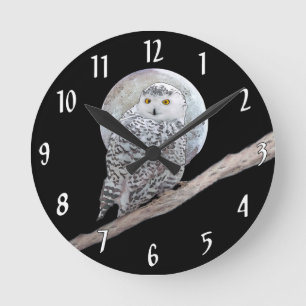 Horloge Ronde Hibou blanc et peinture de lune - Art d'oiseau ori