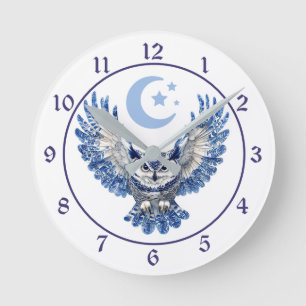 Horloge Ronde Hibou de nuit bleu et lune