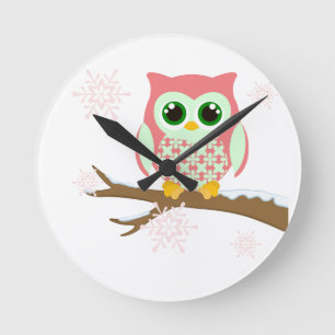 Horloge Ronde Hibou rose d'hiver