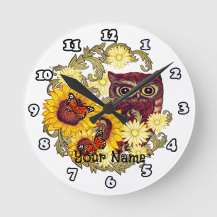 Horloge Ronde Hibou Tournesol