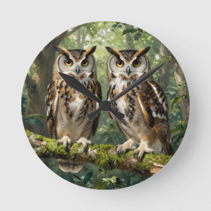 Horloge Ronde Hiboux Grands-Ducs Forêt Majestueuse