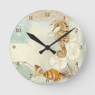 Horloge Ronde Hippocampe de tortue de collage de bord de la mer