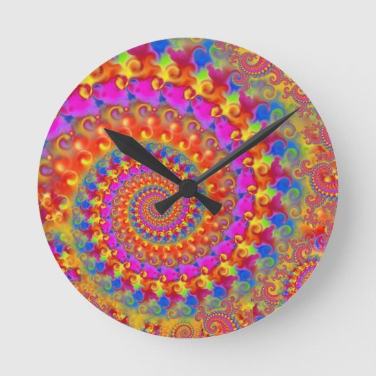 Horloge Ronde Hippy Fractal Motif rose Turquoise & Jaune (Recto)