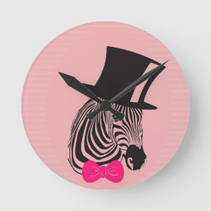 Horloge Ronde Hipster Zebra avec chapeau et Cravate de Bow