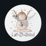 Horloge Ronde Hiver primitif de Christmas Snowman Rustic<br><div class="desc">Snowman snowflake rustic country winter Christmas square wall clock. Change the color background and personalize if desired. Juste click on the Customize. Add other matching home decor. © Trina Clark</div>