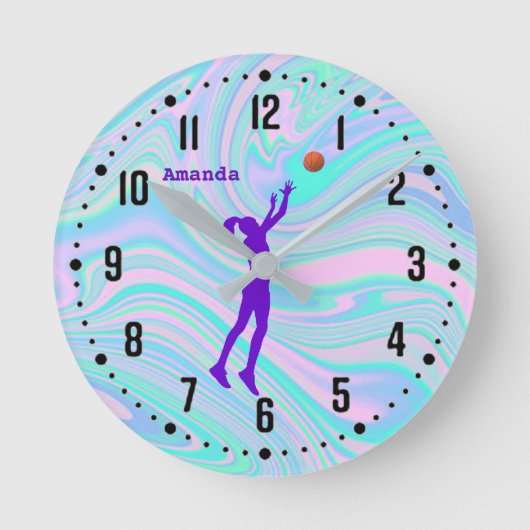 Horloge Ronde Hologramme de basket-ball violet pour filles (Recto)