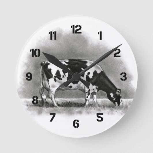 Horloge Ronde Holstein Cow Grazing: Réaliste Pencil Drawing (Recto)