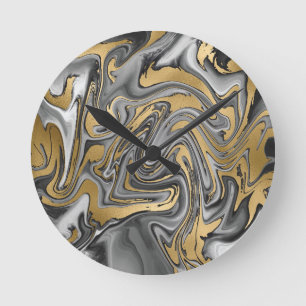 Horloge Ronde Huile Noire, Blanc Et Or Marbré Slick Abstrait