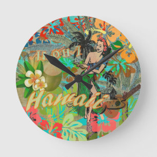 Horloge Ronde Hula Vintage Floral Graphisme Floral Hawaii