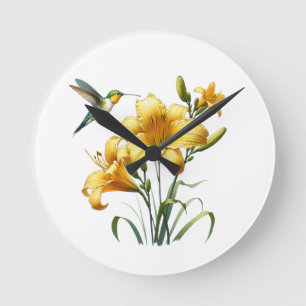Horloge Ronde Hummingbird and Yellow Lilies Round Clock
