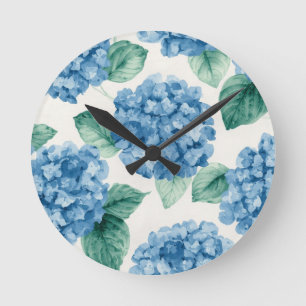 Horloge Ronde Hydrangea Bleus Aquarelle Florale Botanique Florai