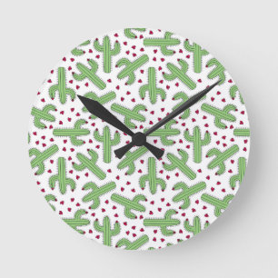 Horloge Ronde Illustrated Cactus & Pink Flowers Pattern