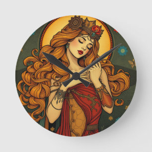 Horloge Ronde Illustration Art Nouveau Floral Femme