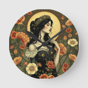 Horloge Ronde Illustration Art Nouveau Floral Femme