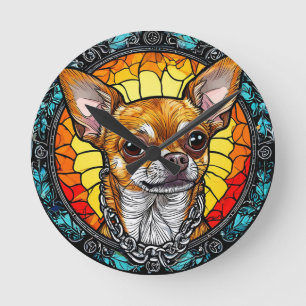 Horloge Ronde Illustration artistique de Chihuahua en verre colo