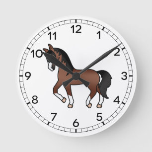 Horloge Ronde Illustration Brown de Cheval Trotting Cartoon