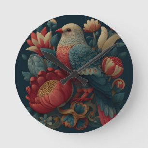 Horloge Ronde Illustration d'art populaire d'un oiseau parmi un