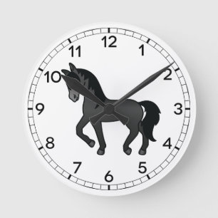 Horloge Ronde Illustration de Cheval Trotting Cartoon noir