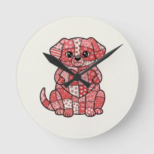 Horloge Ronde Illustration de chien en patchwork mignon avec cœu