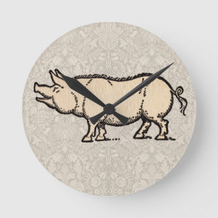 Horloge Ronde Illustration de cochon antique mignon vintage