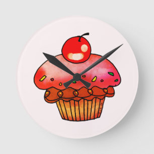 Horloge Ronde Illustration de Cupcake Rose Mignonne - Art de Des