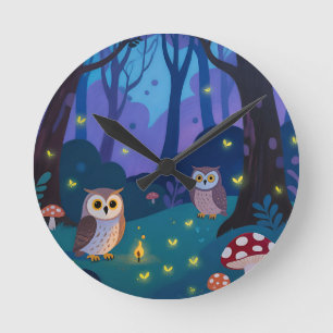 Horloge Ronde Illustration de Hiboux de la Forêt Nocturne