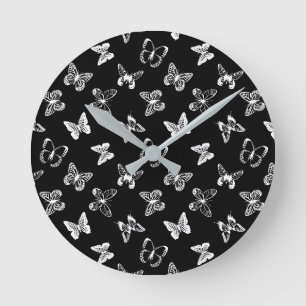 Horloge Ronde Illustration de papillon noir et blanc 