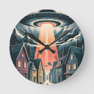 Horloge Ronde Illustration de rue nocturne d'enlèvement par OVNI