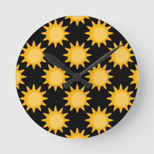 Horloge Ronde Illustration de soleil brillant sur motif noir Des