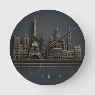 Horloge Ronde Illustration élégante de la skyline de Paris en or