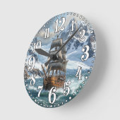 Horloge Ronde Illustration numérique du voilier dans l'océan (Angle)