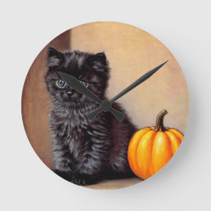 Horloge Ronde Illustration vintage Halloween Black Kitten