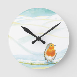 Horloge Ronde Illustration White Winter Landscape Avec Robin