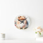 Horloge Ronde Image d'aquarelle mignonne Pomeranian (Maison)