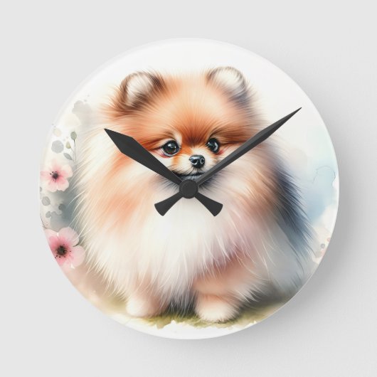 Horloge Ronde Image d'aquarelle mignonne Pomeranian (Recto)